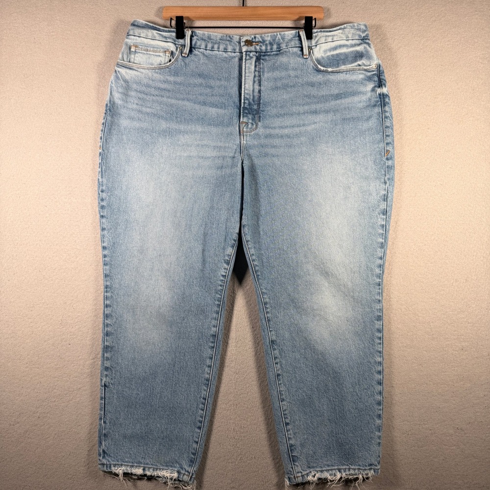 Good American Women 18 Straight Leg Jeans Light Wash Raw Hem GGP062T Indigo351